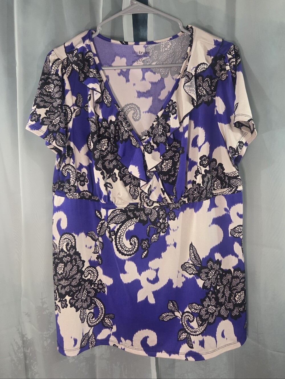 Lane Bryant Purple and Cream Floral Print Surplice Top